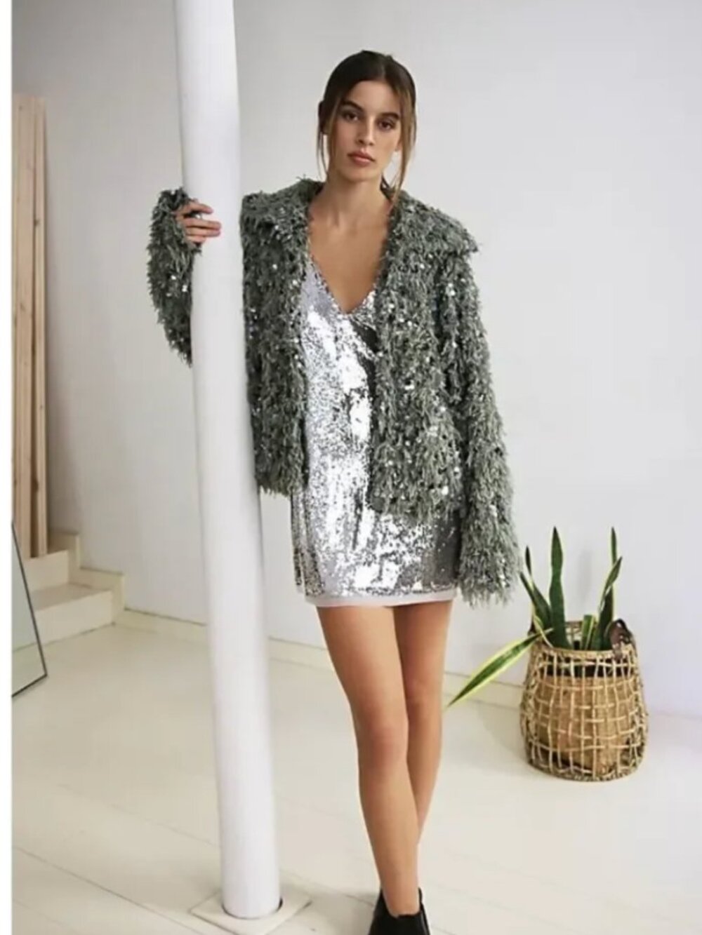 Free People Camilla Sequin Embellished Feather Jacket in Guacamole NWT Sz Large